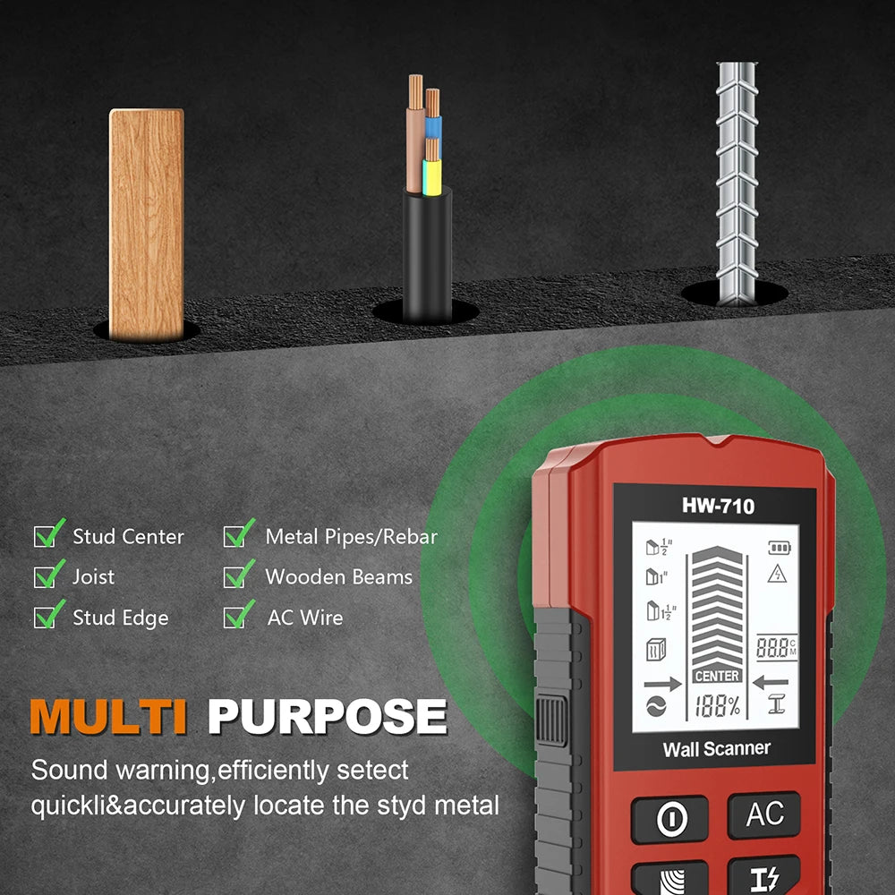 6-in-1 Electronic Stud Finder & Wall Scanner - Detects Wood Studs, Metal, Live AC Wires, Pipes - LCD Display, No Guessing