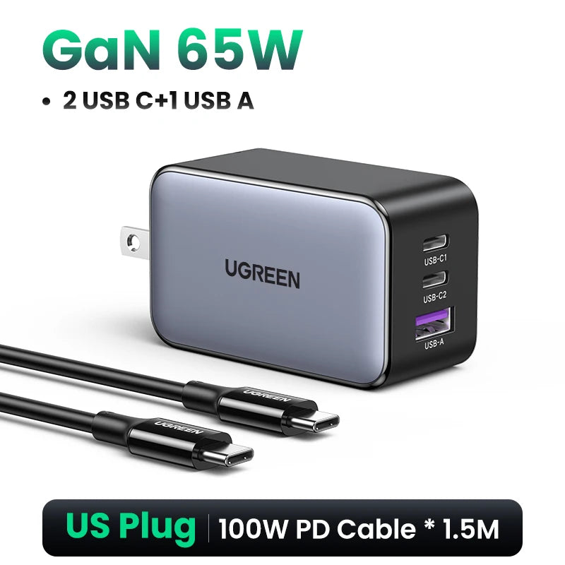 65W GaN 3-Port USB-C/A Fast Charger - Compact Power Adapter with PD & QC for Laptops, Phones, Tablets