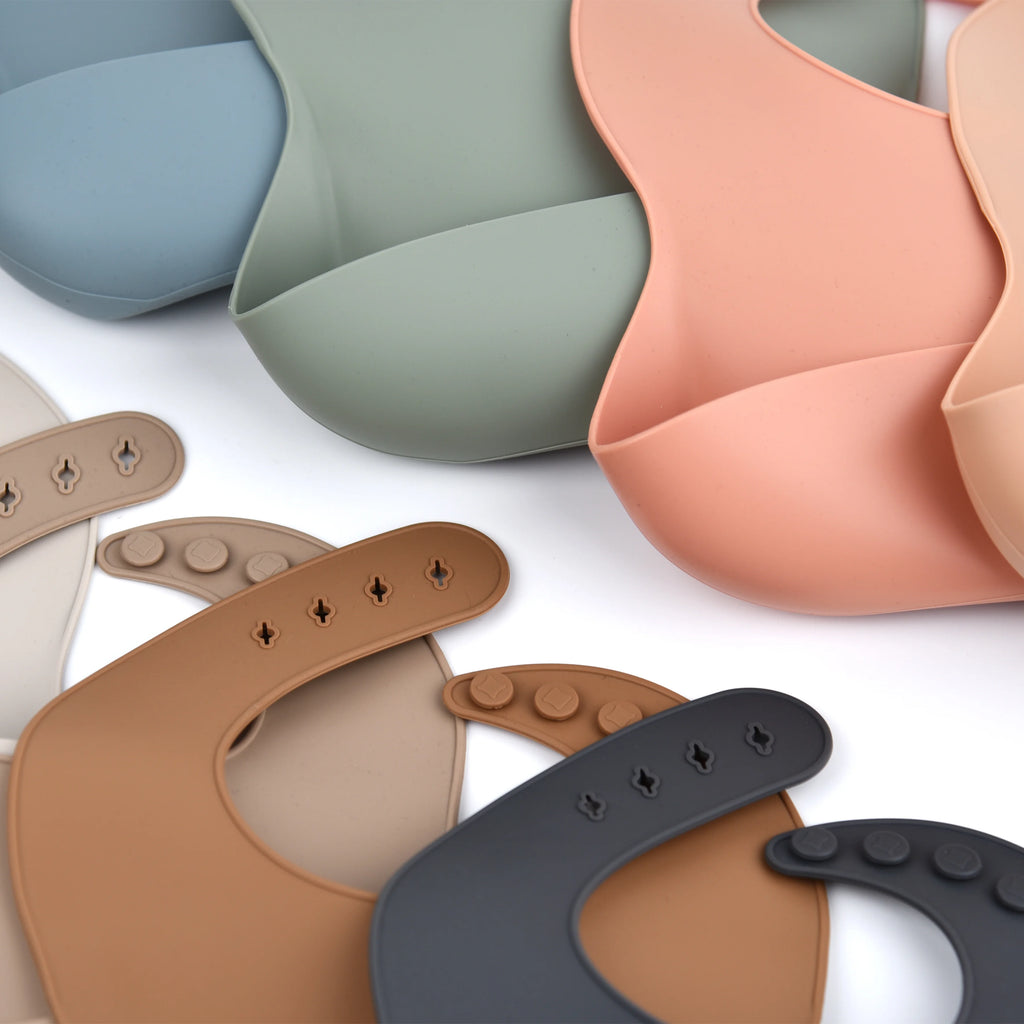 Silicone Baby Feeding Bib with Deep Food Catcher - Waterproof, Adjustable, Dishwasher-Safe in 10 Modern Colors