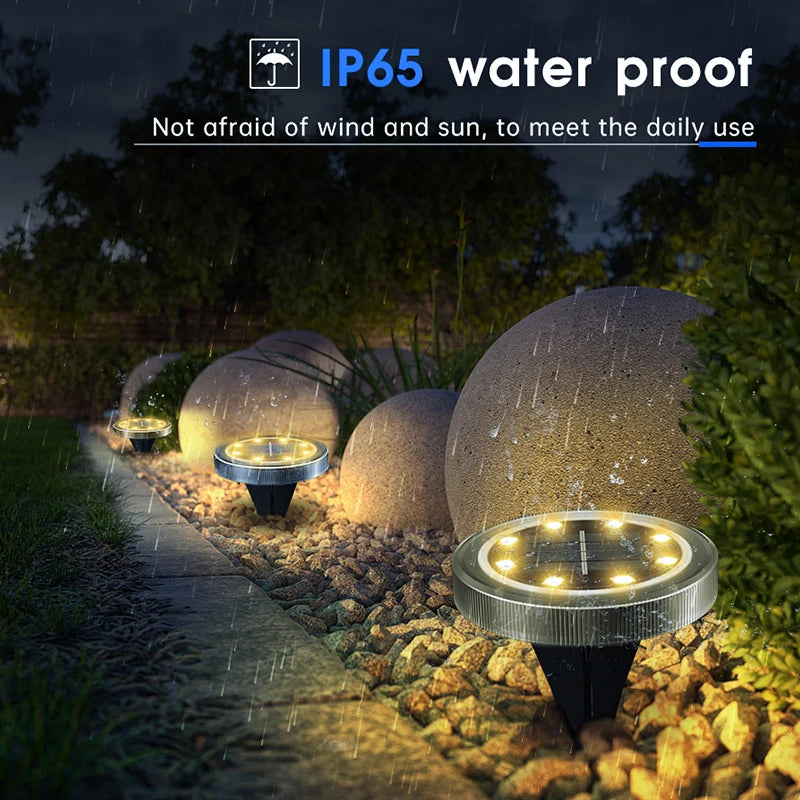Solar Ground Disk Lights — 8 Pack, Bright, Waterproof, Outdoor, Garden, Pathway