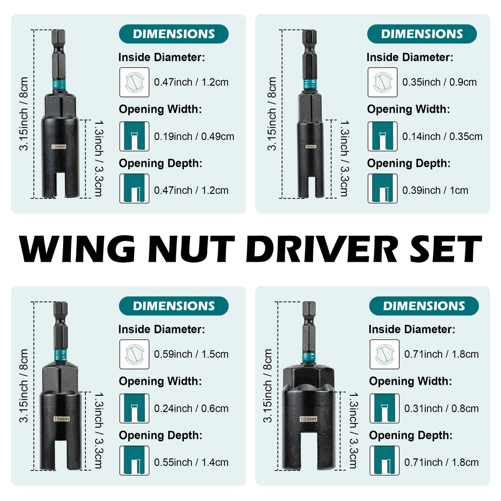Wing Nut Driver — Magnetic, Impact Ready, 1/4" Hex Shank, Chrome Vanadium, 5-Piece, Power Tool Accessory