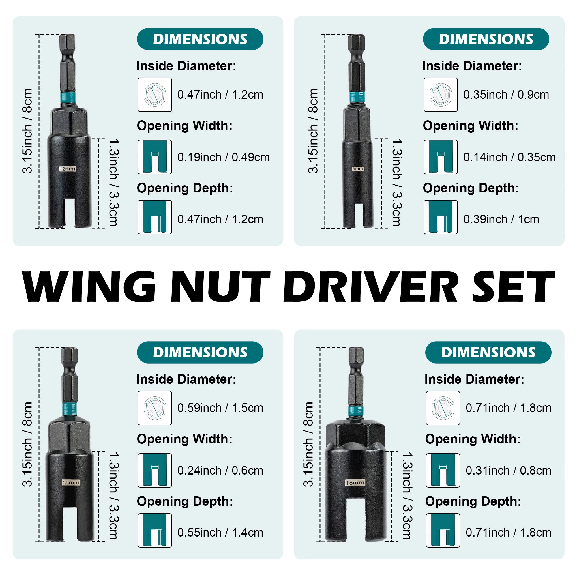Wing Nut Driver — Magnetic, Impact Ready, 1/4" Hex Shank, Chrome Vanadium, 5-Piece, Power Tool Accessory