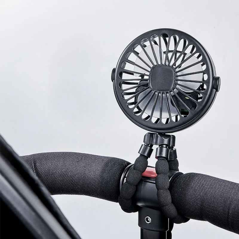 Portable Stroller Fan — USB Rechargeable, Flexible Tripod, Clip-On, Quiet, Safe for Babies