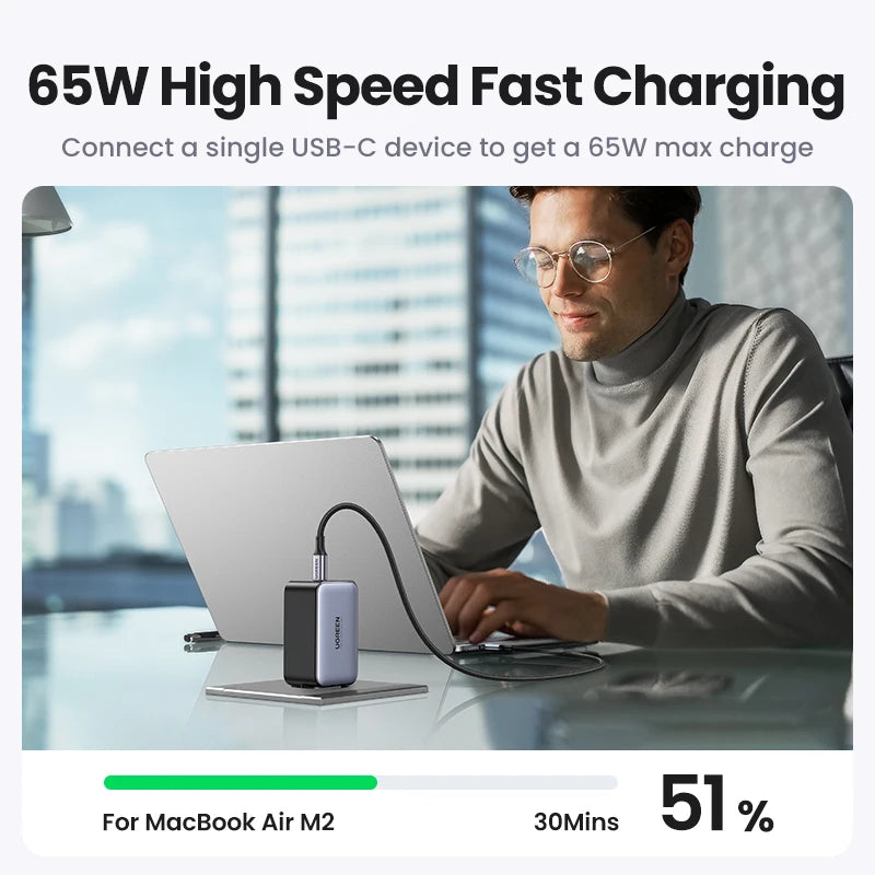 65W GaN 3-Port USB-C/A Fast Charger - Compact Power Adapter with PD & QC for Laptops, Phones, Tablets