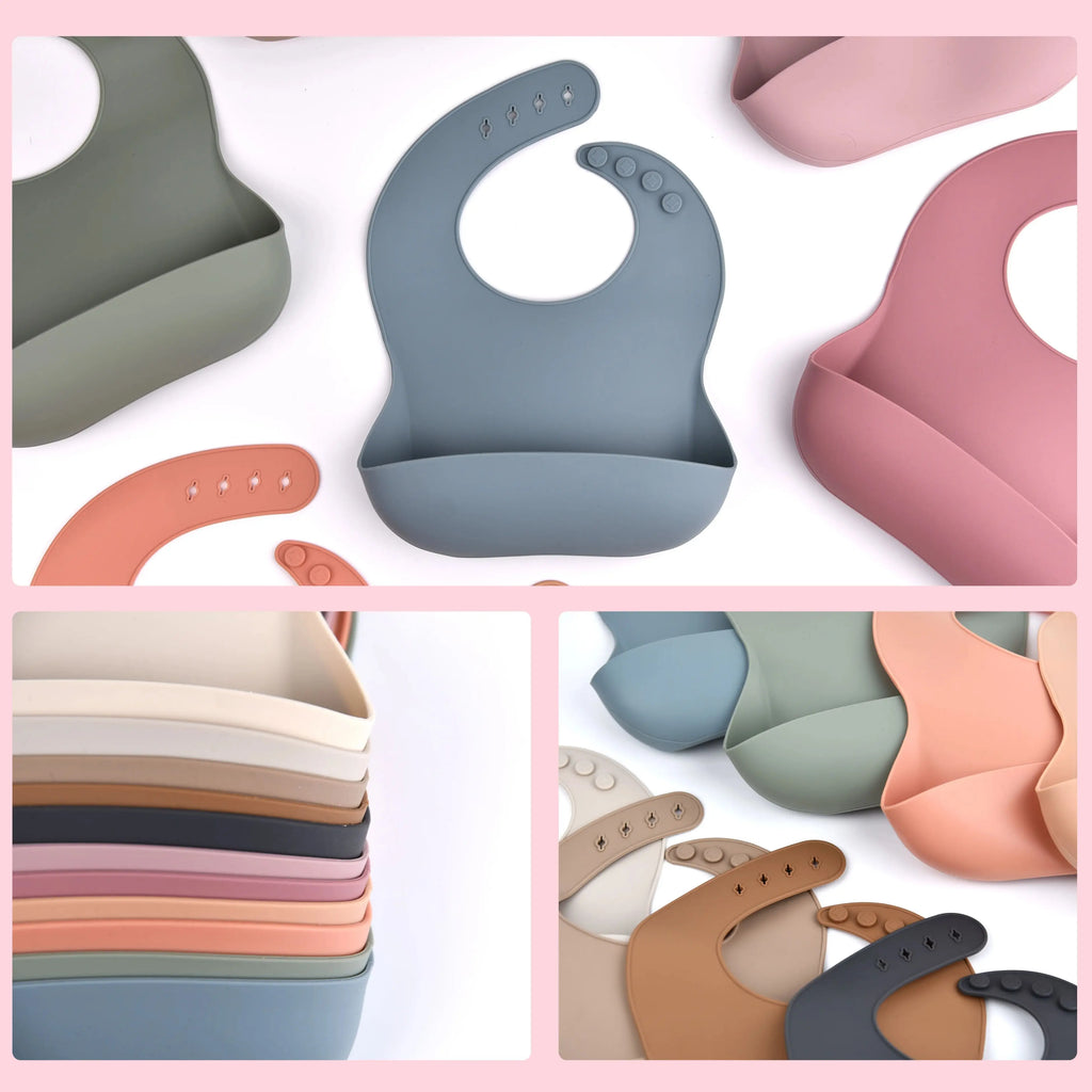 Silicone Baby Feeding Bib with Deep Food Catcher - Waterproof, Adjustable, Dishwasher-Safe in 10 Modern Colors