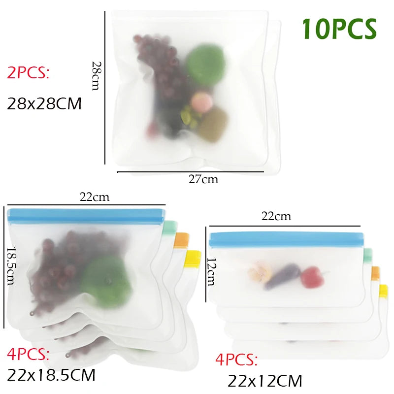 10-Piece Reusable Silicone Food Storage Bag Set - Leakproof, Stand-Up, Freezer & Microwave Safe (Plastic-Bag Replacement)