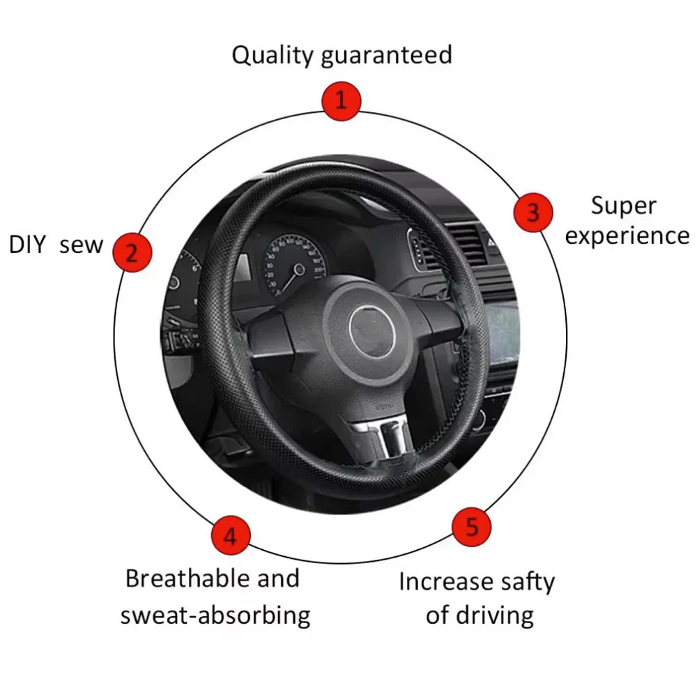 Hand-Stitched PU Leather Steering Wheel Cover - Custom-Fit DIY Kit with Needle & Thread, Non-Slip Grip (Fits 14.5-15.5")