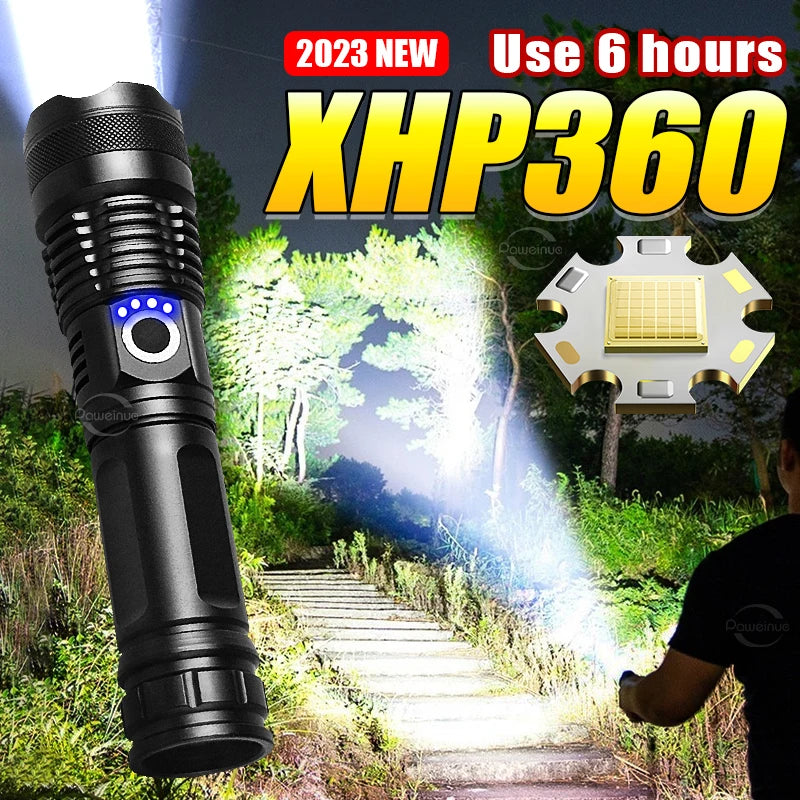 XHP360 Ultra-Bright Tactical LED Flashlight - USB-C Rechargeable, Telescopic Zoom, Camping & Emergency Lantern