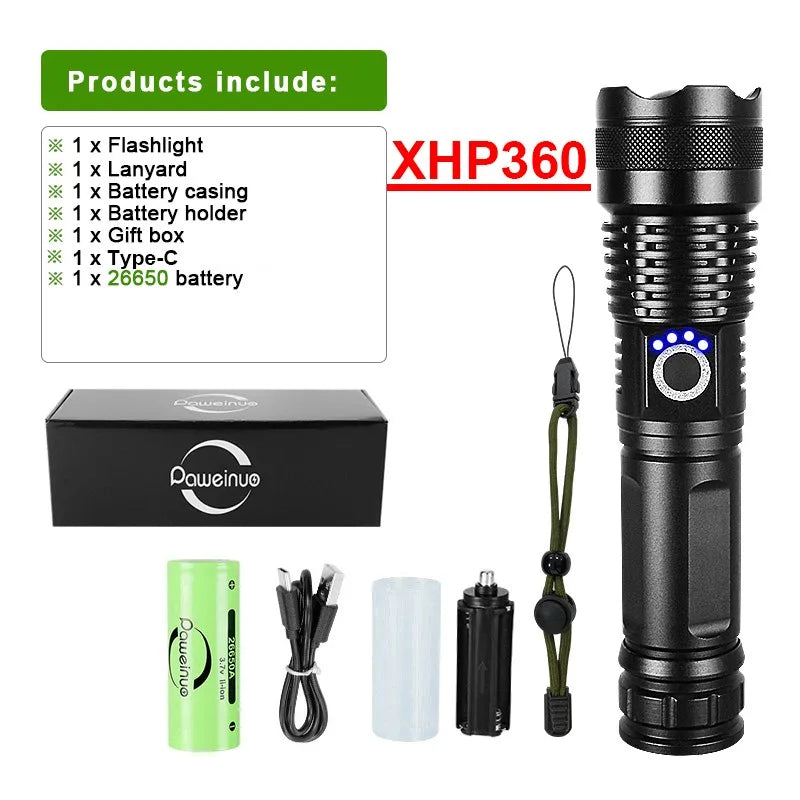 XHP360 Ultra-Bright Tactical LED Flashlight - USB-C Rechargeable, Telescopic Zoom, Camping & Emergency Lantern
