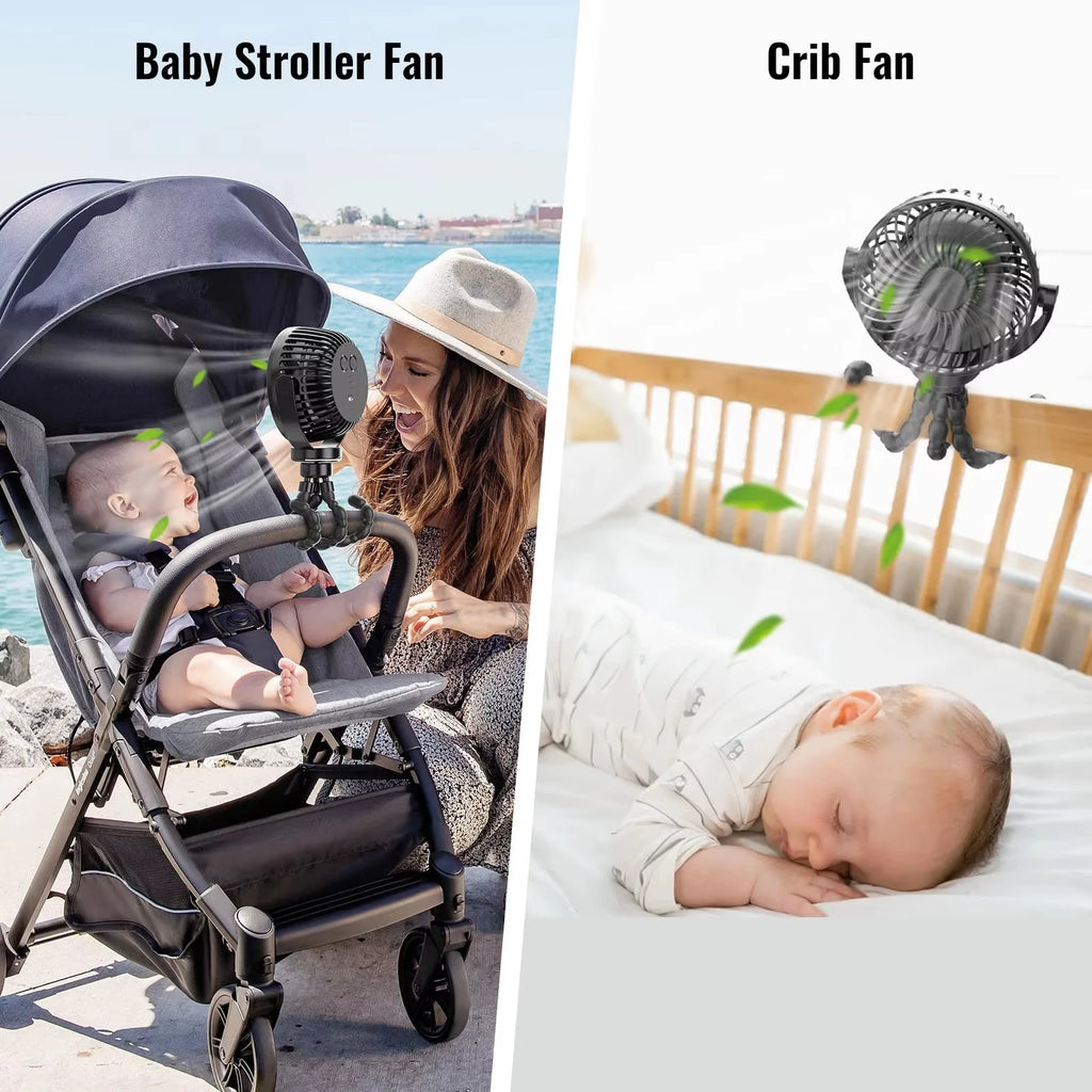 Portable Stroller Fan — USB Rechargeable, Flexible Tripod, Clip-On, Quiet, Safe for Babies