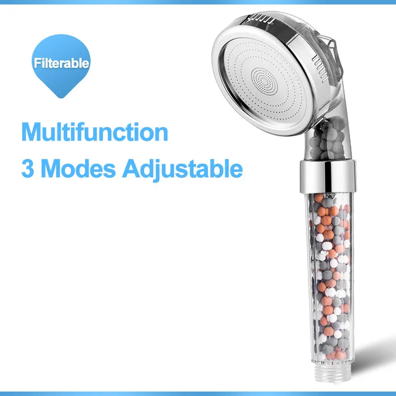 High-Pressure 3-Mode Filter Shower Head - Anion Mineral Bead Filtration, Water-Saving, Spa-Style Nozzle (Universal Fit)