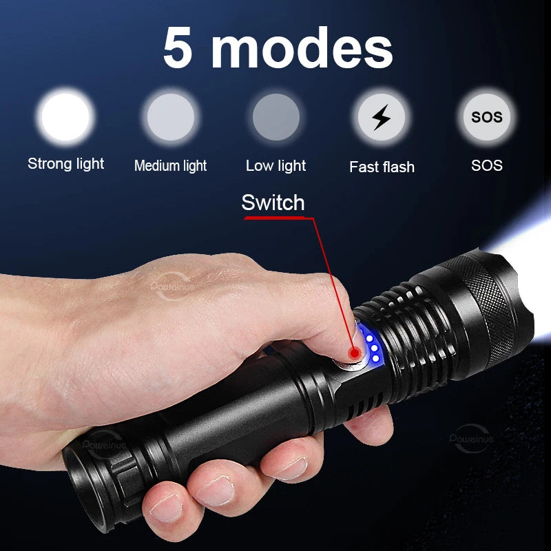 XHP360 Ultra-Bright Tactical LED Flashlight - USB-C Rechargeable, Telescopic Zoom, Camping & Emergency Lantern