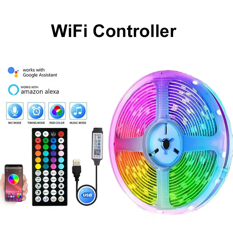 Smart RGB LED Strip Lights with Music Sync - WiFi/Bluetooth App Control, 16M Colors, Bedroom Gaming TV Backlight Decor (1m-30m)