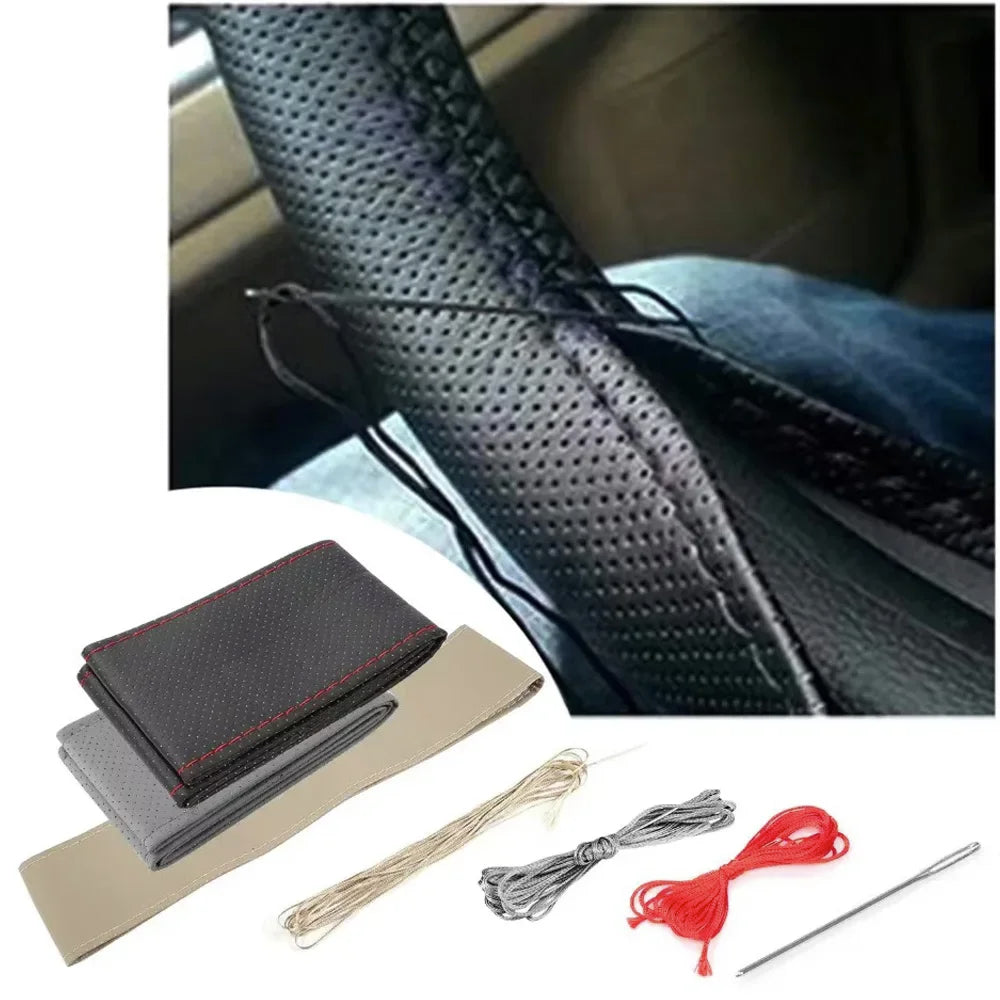 Hand-Stitched PU Leather Steering Wheel Cover - Custom-Fit DIY Kit with Needle & Thread, Non-Slip Grip (Fits 14.5-15.5")