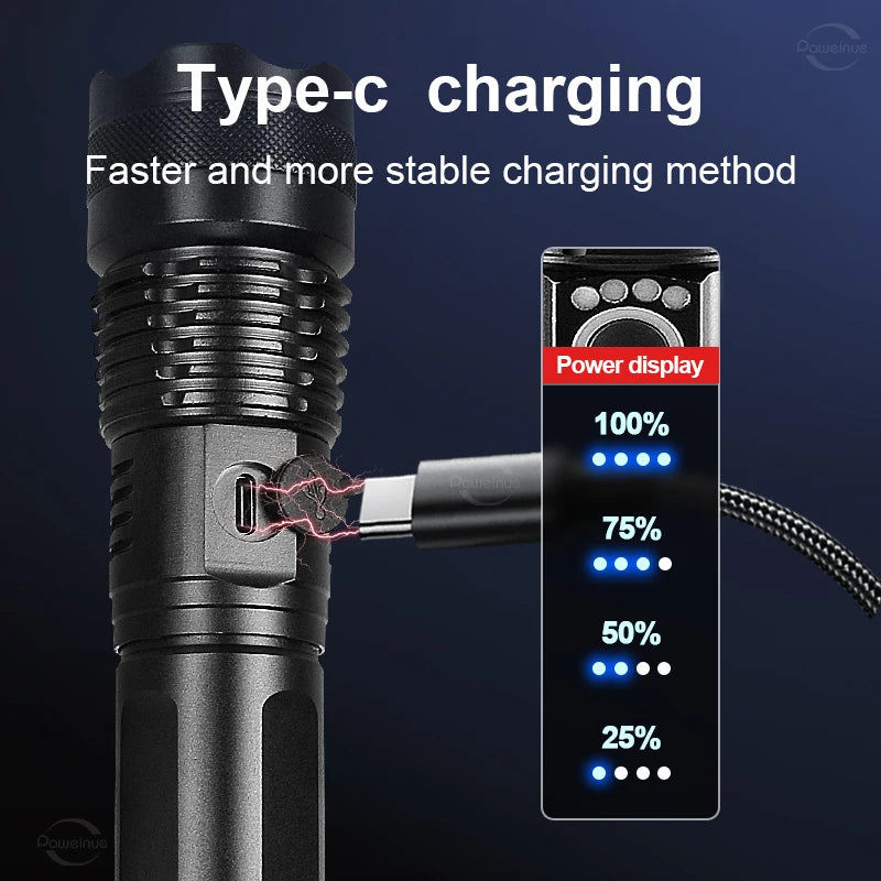 XHP360 Ultra-Bright Tactical LED Flashlight - USB-C Rechargeable, Telescopic Zoom, Camping & Emergency Lantern