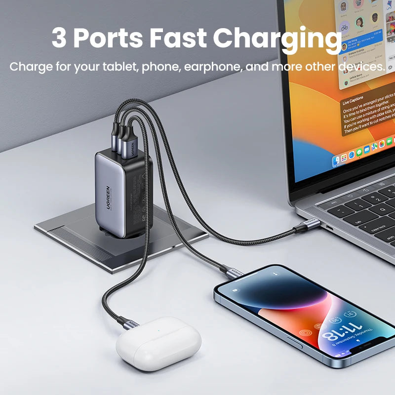 65W GaN 3-Port USB-C/A Fast Charger - Compact Power Adapter with PD & QC for Laptops, Phones, Tablets