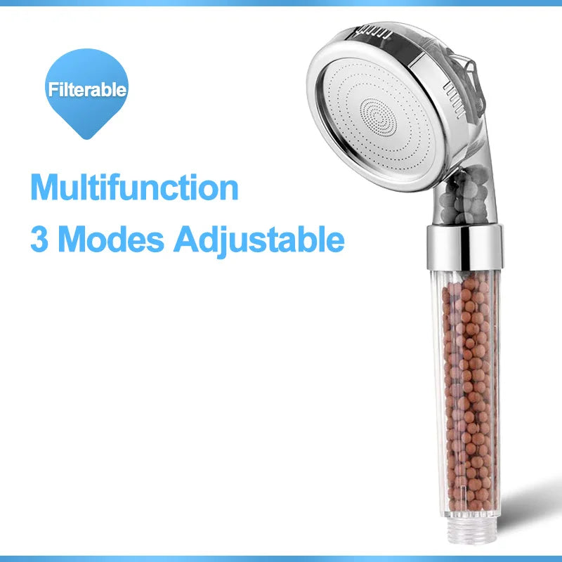 High-Pressure 3-Mode Filter Shower Head - Anion Mineral Bead Filtration, Water-Saving, Spa-Style Nozzle (Universal Fit)