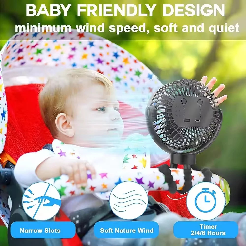 Portable Stroller Fan — USB Rechargeable, Flexible Tripod, Clip-On, Quiet, Safe for Babies