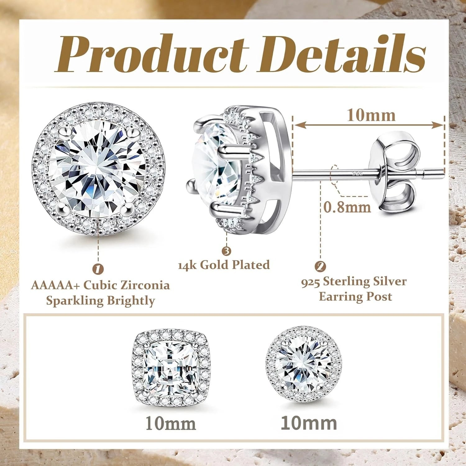 Zircon Stud Earrings — 4-Piece Set, Halo, Dainty, Hypoallergenic, Giftable