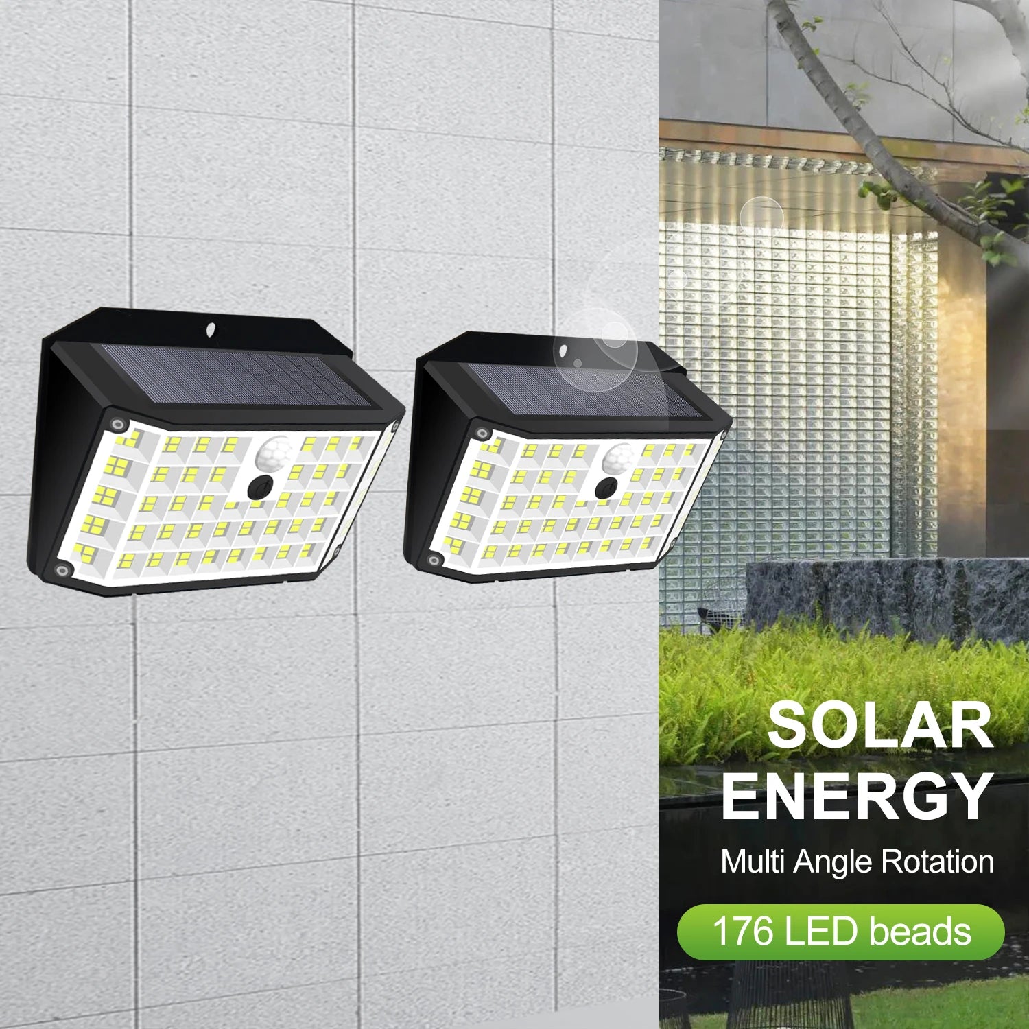 Solar Motion-Sensor Flood Lights - 176 LEDs, IP65 Waterproof, 3 Modes, Zero-Wiring Security Lighting for Porch, Yard, Driveway