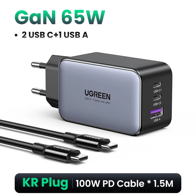 65W GaN 3-Port USB-C/A Fast Charger - Compact Power Adapter with PD & QC for Laptops, Phones, Tablets