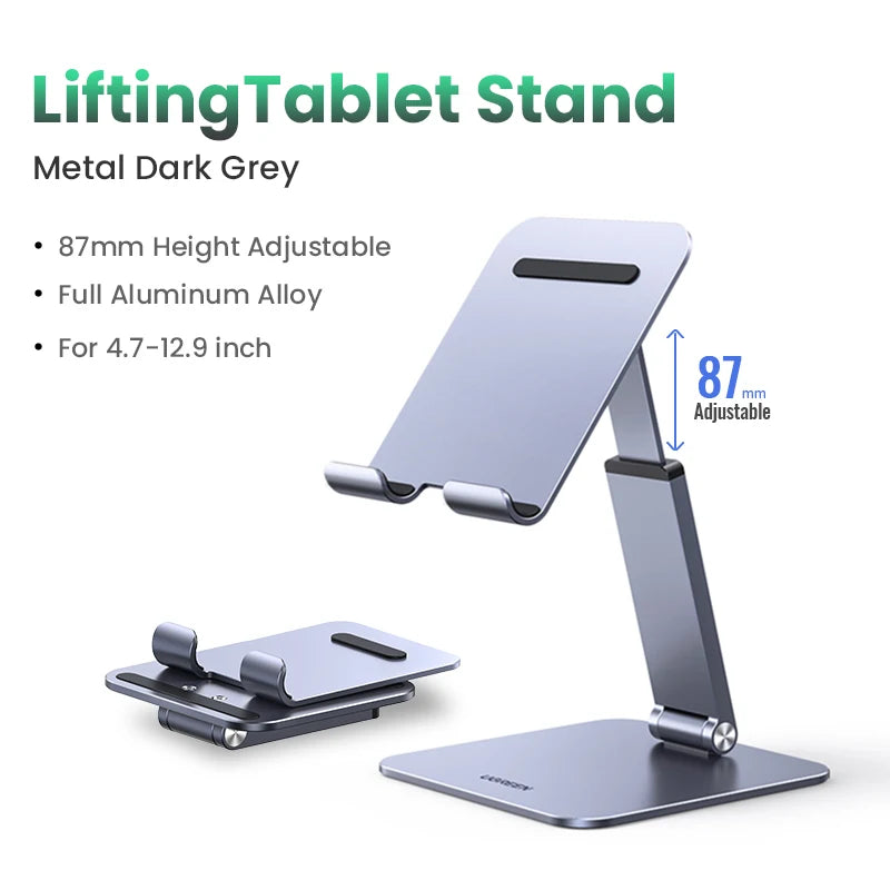 Aluminum Phone & Tablet Desk Stand - Adjustable Foldable Holder for iPhone iPad Galaxy, Anti-Slip Premium Aluminum, Ergonomic Tech Stand