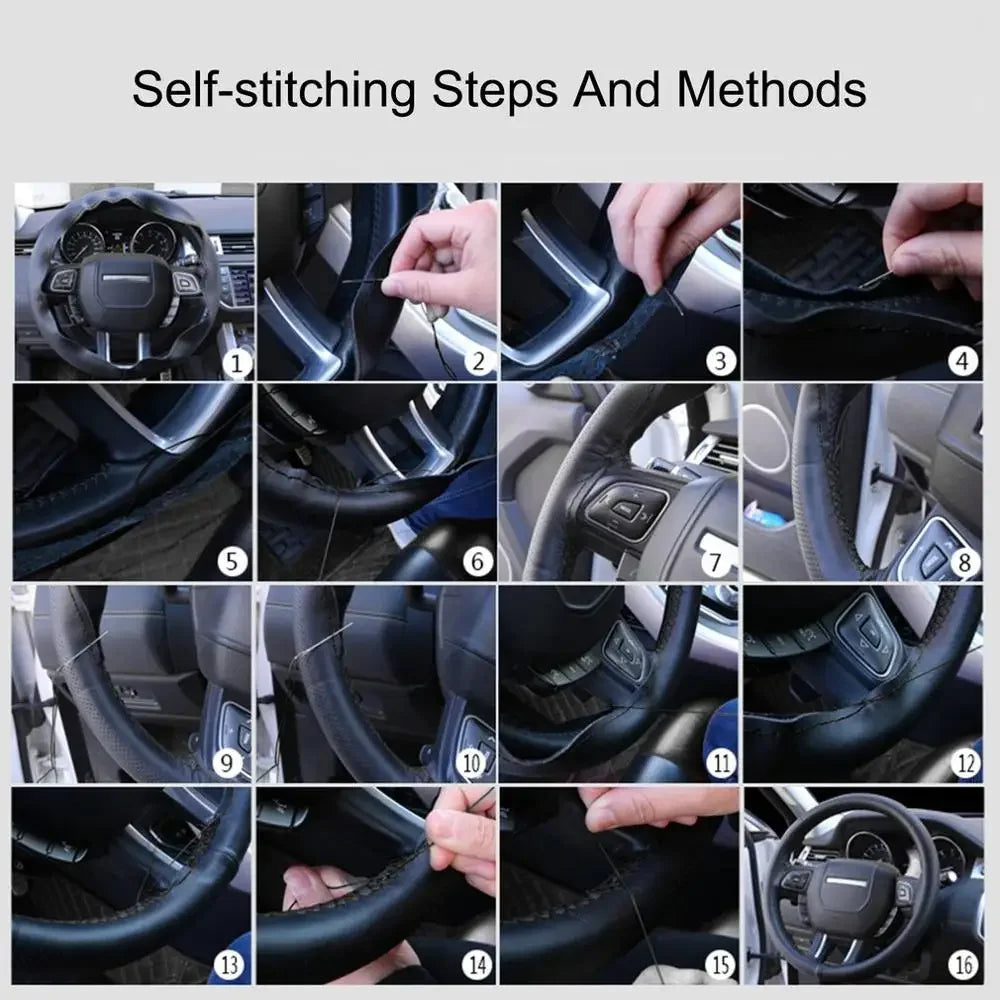 Hand-Stitched PU Leather Steering Wheel Cover - Custom-Fit DIY Kit with Needle & Thread, Non-Slip Grip (Fits 14.5-15.5")