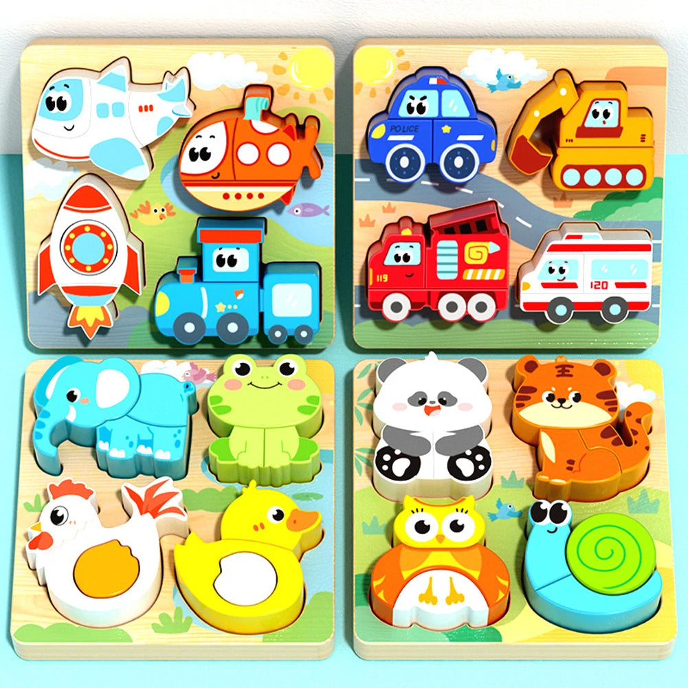 4-in-1 Wooden Animal Puzzle Set - Montessori Cognitive Jigsaw Learning Toy for Toddlers Ages 1-4, Develops Shape & Color Recognition