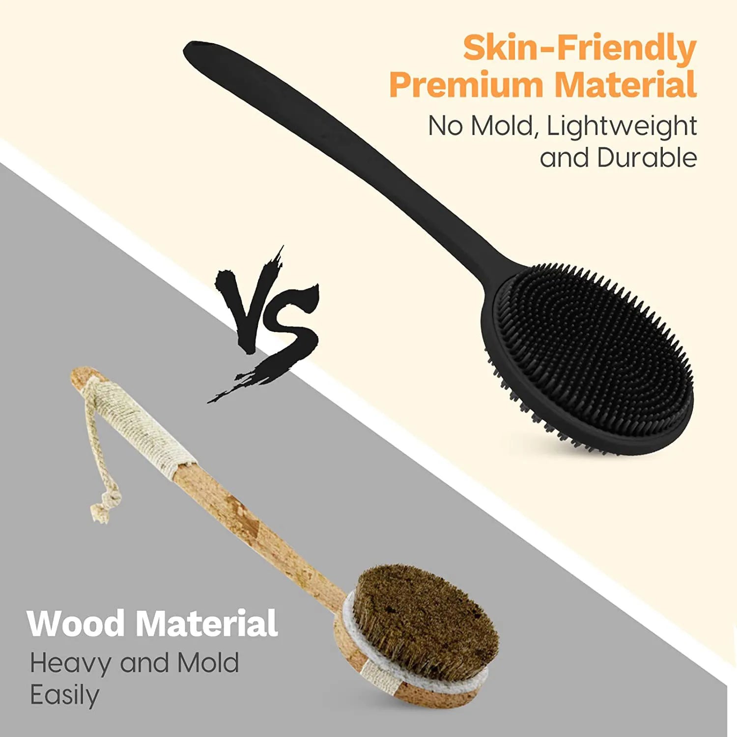 Silicone Back Scrubber Shower Brush - Long Handle Double-Sided Body Exfoliator, Massage Bath Brush, Anti-Mold Bathroom Cleaning Tool