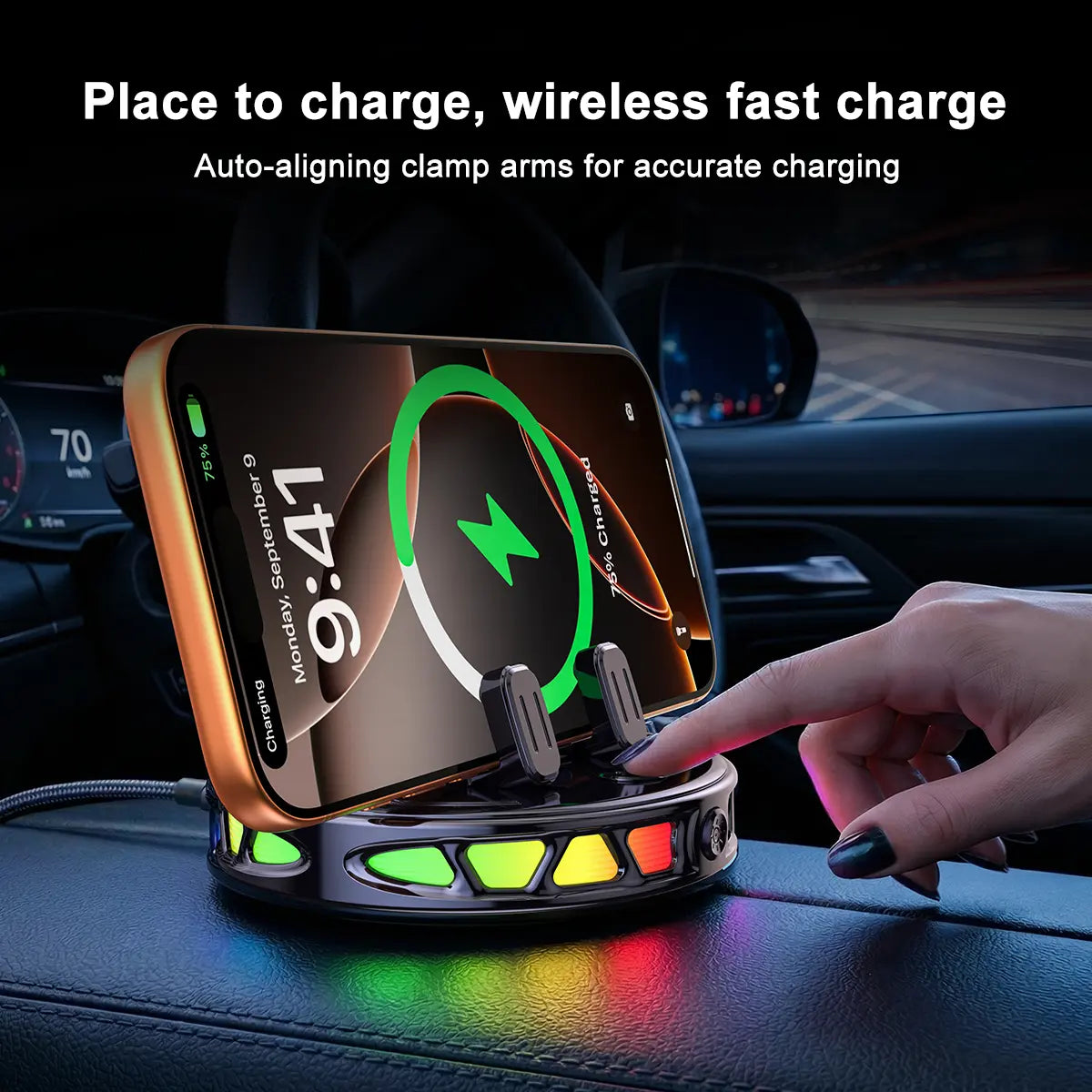 360° Rotating Wireless Charging Car Phone Mount with RGB Ambient Light – Ultra-Stable Vacuum Suction & Auto-Lock Holder for Dashboard & Windshield, Fits Iphone & Android