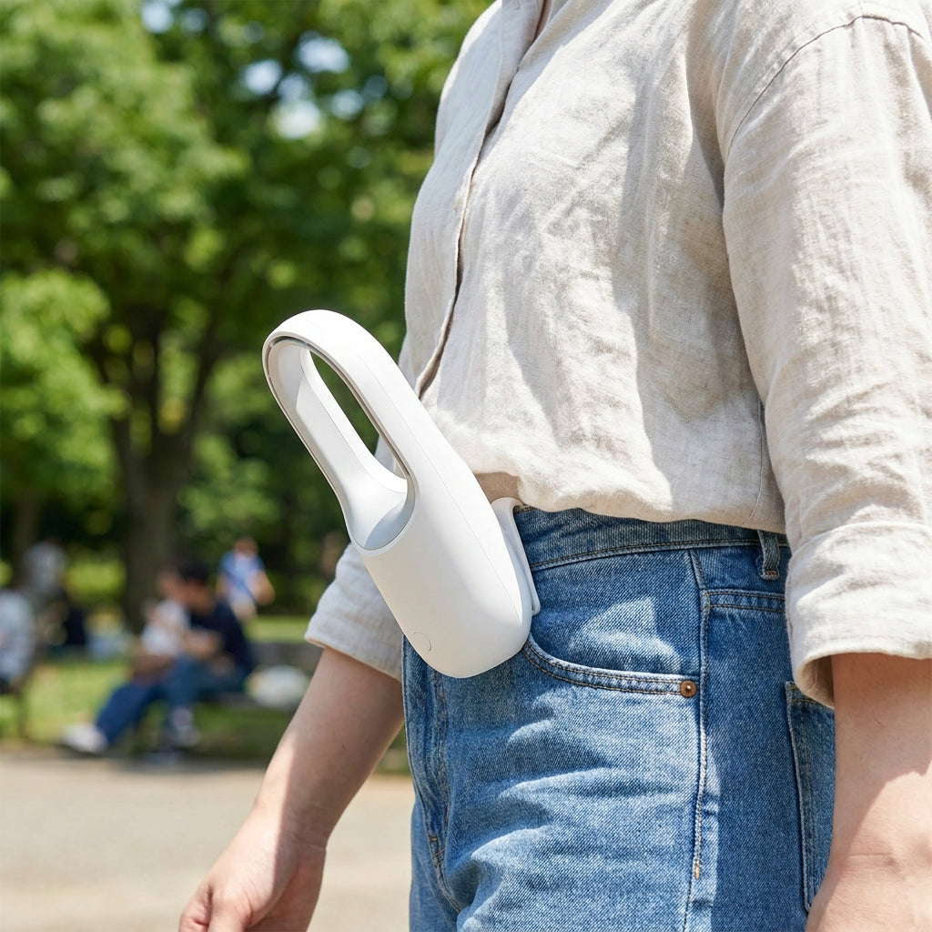 Hands-Free Bladeless Wearable Mini Fan - 3 Speeds, USB Rechargeable, Clips to Waist or Sits on Desk for Personal Cooling