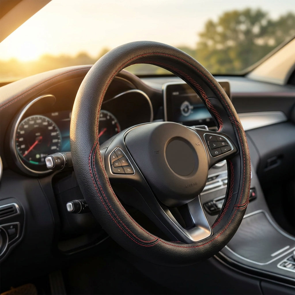 Hand-Stitched PU Leather Steering Wheel Cover - Custom-Fit DIY Kit with Needle & Thread, Non-Slip Grip (Fits 14.5-15.5")