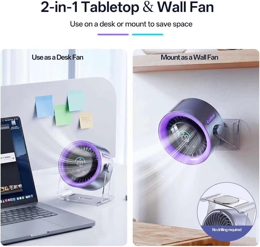 USB Desk Fan Quiet Digital Display Turbo Airflow 120 Rotating 100 Speeds Portable Desktop Wall-Mounted Fan For