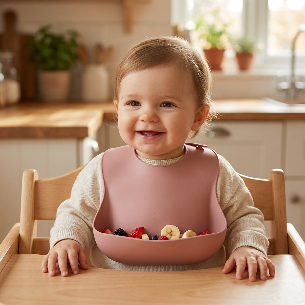 Silicone Baby Feeding Bib with Deep Food Catcher - Waterproof, Adjustable, Dishwasher-Safe in 10 Modern Colors