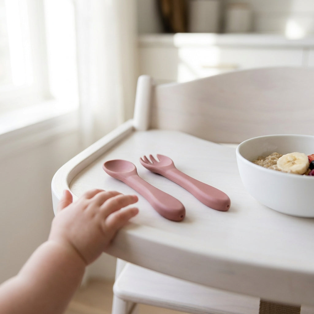 Silicone Baby Spoon & Fork Self-Feeding Set - Soft Easy-Grip Toddler Training Utensils in 10 Modern Muted Colors