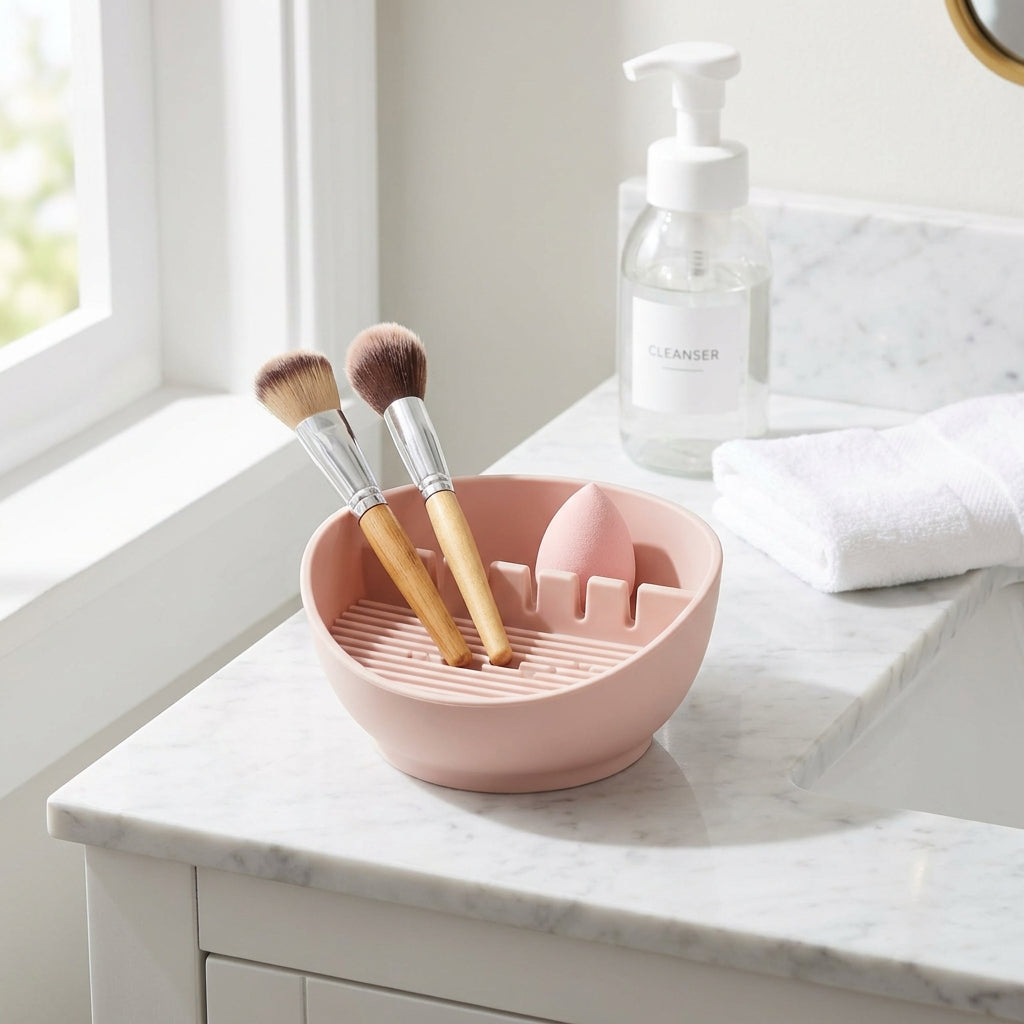 Silicone Makeup Brush Cleaning Bowl - Multi-Texture Wash Mat & Drying Stand, Deep Clean Brushes & Beauty Sponges in 60 Seconds