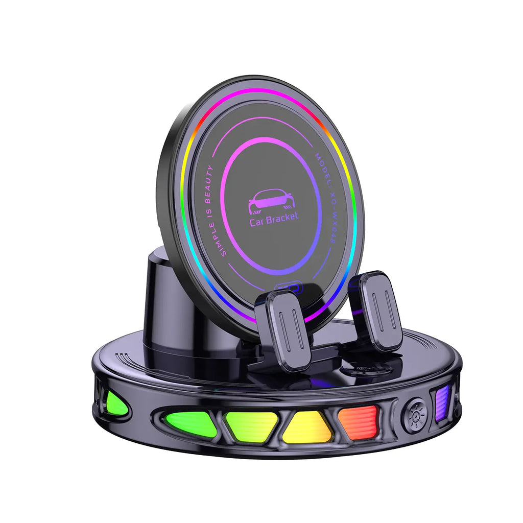 360° Rotating Wireless Charging Car Phone Mount with RGB Ambient Light – Ultra-Stable Vacuum Suction & Auto-Lock Holder for Dashboard & Windshield, Fits Iphone & Android