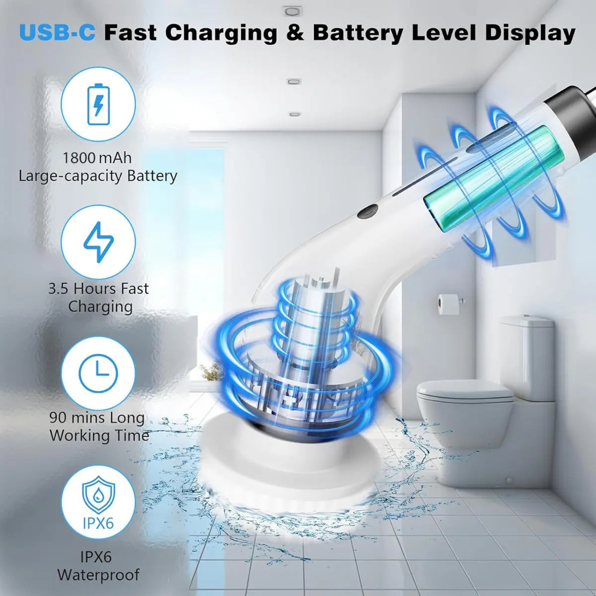 Cordless Electric Spin Scrubber - IPX7 Full-Body Waterproof Cleaning Brush with 4 Replaceable Heads, 3 Adjustable Extension Handle, 2-Speed for Bathroom, Kitchen, Homegoods, Bathroom Accessories, Back to School Haul, Tools and Gadgets, Apartment Stuff, Ba