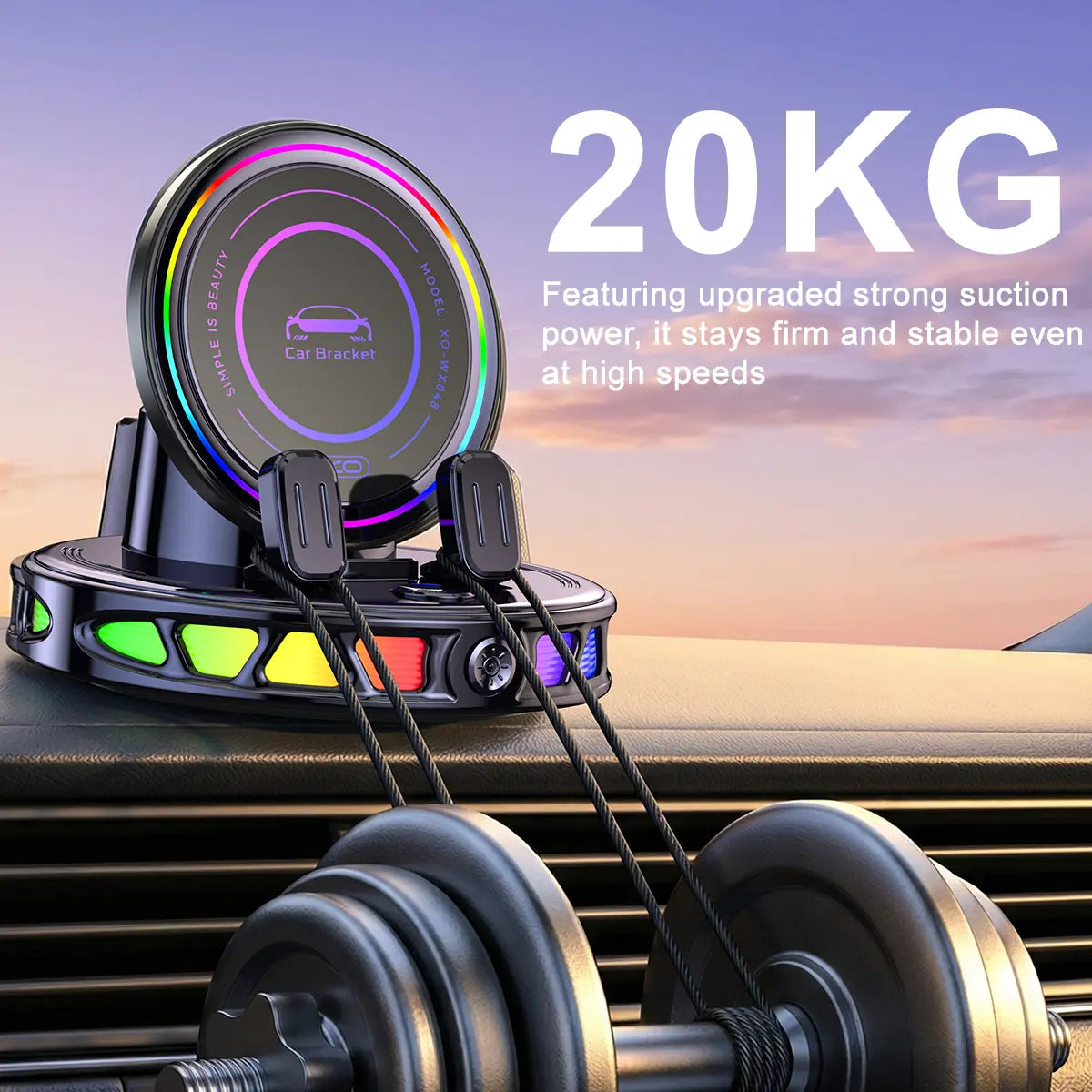 360° Rotating Wireless Charging Car Phone Mount with RGB Ambient Light – Ultra-Stable Vacuum Suction & Auto-Lock Holder for Dashboard & Windshield, Fits Iphone & Android