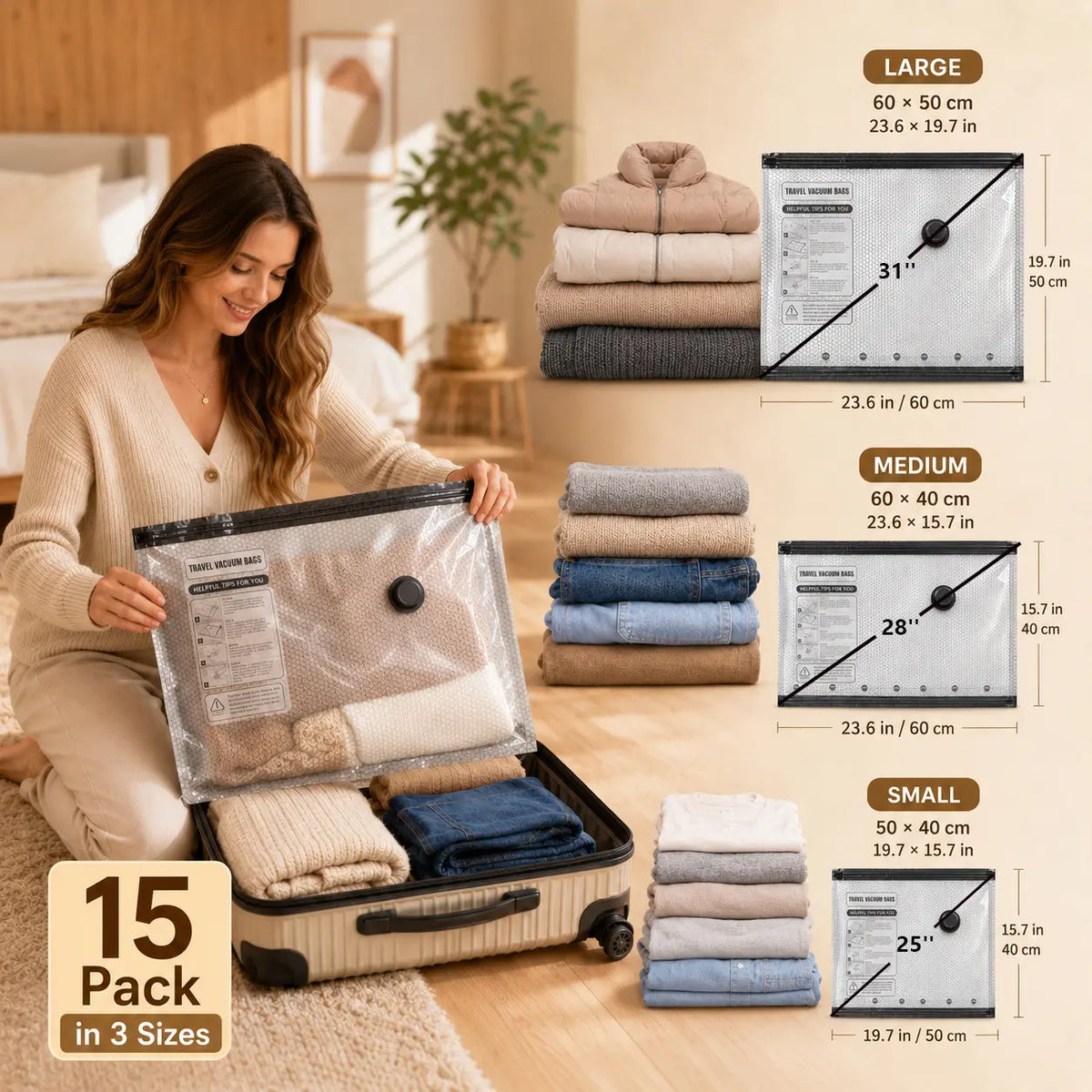 【Summer Vibes】X7 Cordless Travel Vacuum Storage Compression Bag Organiser Set with Rechargeable Air Pump (15-Pack), 3 Sizes, Powerful Air Removal, Waterproof Reusable Bags for Home Organization Travel, Carry-On Suitcases