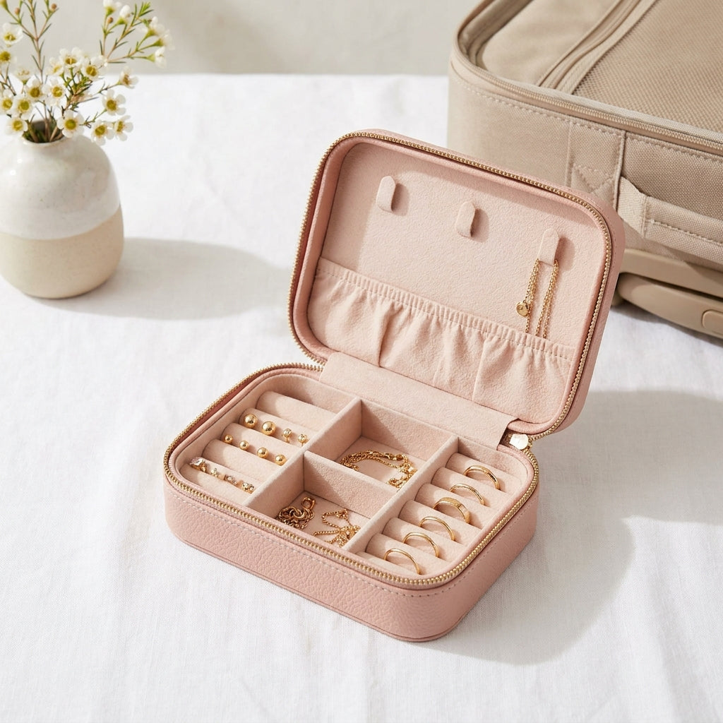 Portable Jewelry Travel Organizer - Compact Leather Case for Earrings Necklaces Rings, Multi-Compartment Travel Jewelry Box, Anti-Tarnish Storage