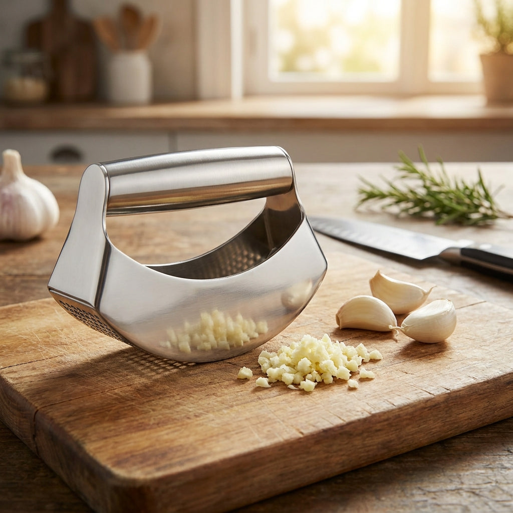 Stainless Steel Rocker Garlic Press - One-Hand Crusher for Garlic, Ginger & Herbs (No Peeling Needed, Dishwasher Safe)