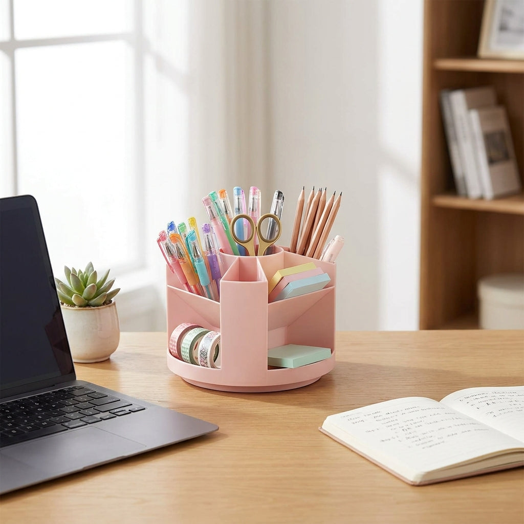 Rotating Desk Organizer - Multi-Compartment Pen Holder, 360 Spinning Office Stationary Caddy, Pencil Storage Box, Home Office Desktop Organizer