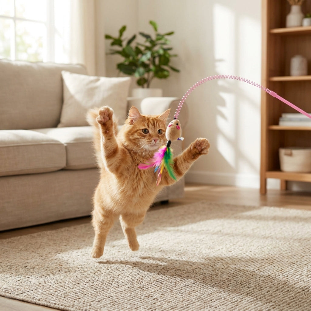 Interactive Cat Teasing Wand - Feather + Bell + Plush Mouse Wire Toy, 14 Color Variants for Indoor Play & Exercise