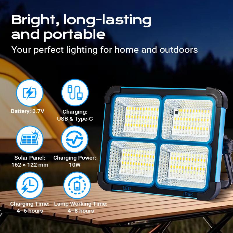 Solar LED Work Light — Portable, Rechargeable, Magnetic Base, IP65 Waterproof, 5 Lighting Modes, USB Charging