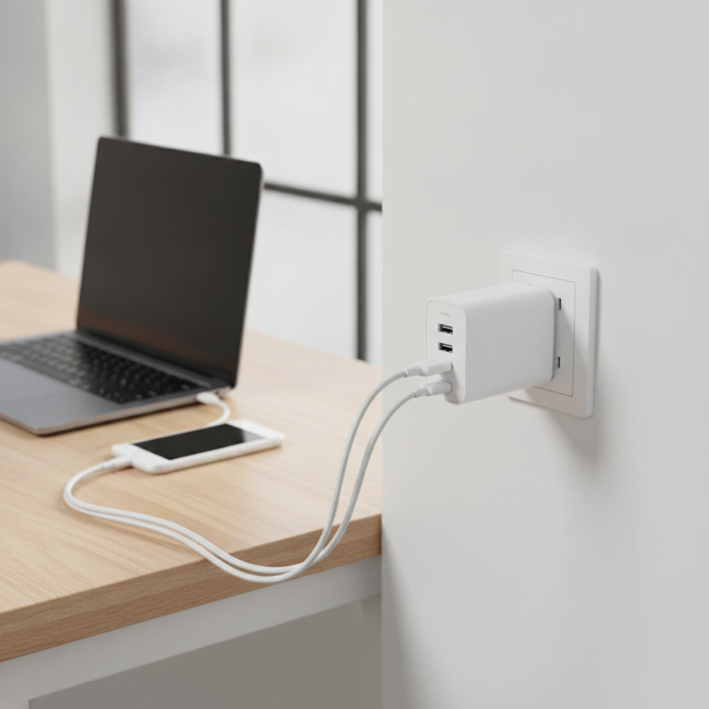 65W GaN 3-Port USB-C/A Fast Charger - Compact Power Adapter with PD & QC for Laptops, Phones, Tablets