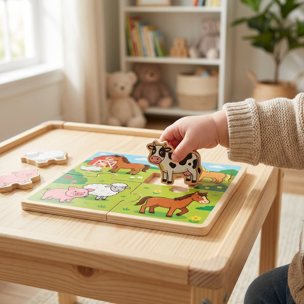 4-in-1 Wooden Animal Puzzle Set - Montessori Cognitive Jigsaw Learning Toy for Toddlers Ages 1-4, Develops Shape & Color Recognition